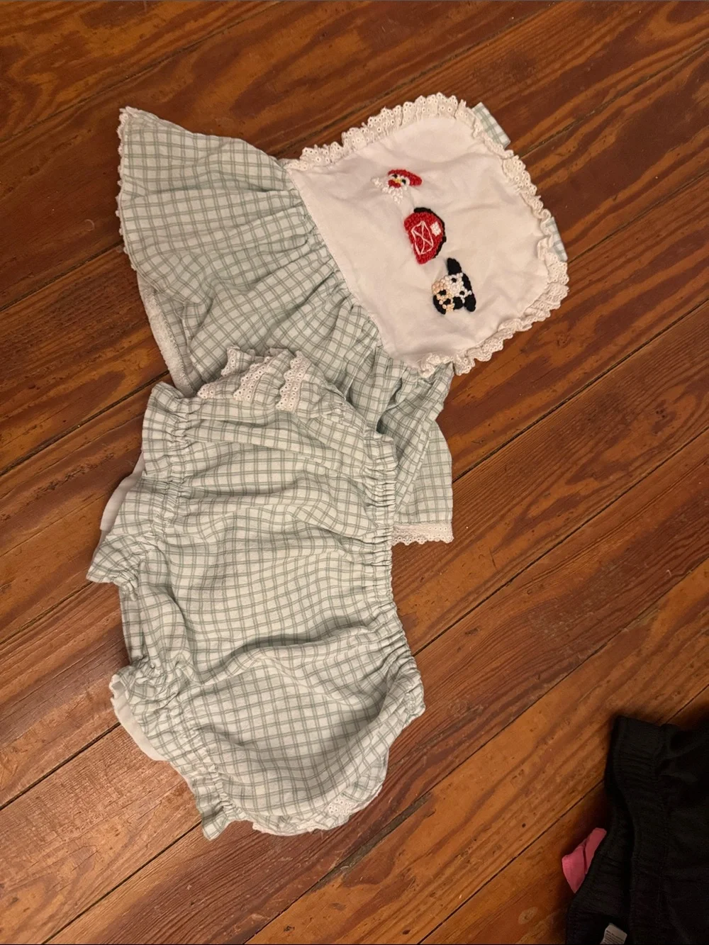 Classic Green Plaid Ruffle Diaper Cover with Lace Bib